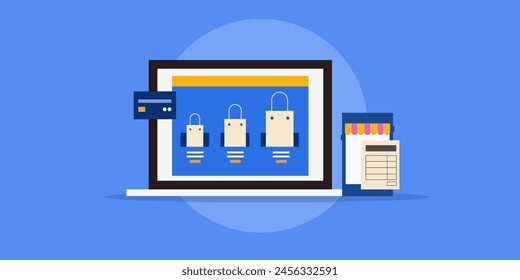 Ecommerce software solution, Website using ecommerce platform for selling products and services online, eCommerce billing and secure checkout - vector illustration with icons