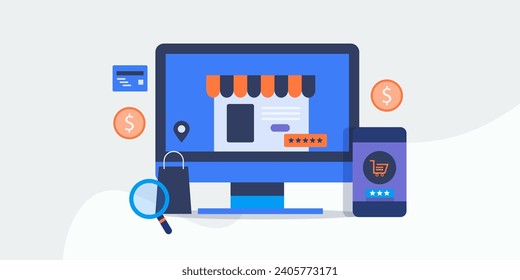 E-Commerce-Software, E-Commerce-Website, Business-Technologie, E-Commerce-App für Mobiltelefone - Vektorgrafik-Banner mit Symbolen