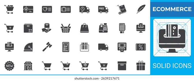 Ecommerce solid glyph icon set. Vector symbols include cart, barcode, delivery, gift, credit card, cash register, shopping bag, discount sign. Perfect glyph icon pack for online shopping designs