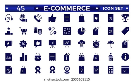 Conjunto de ícones sólidos de comércio eletrônico. Compras online e elementos de entrega.E-Commerce conjunto de estilo em linha. para aplicativos móveis. Negócios, loja, marketing digital, cartão bancário, presentes, venda, entrega, dinheiro, desconto
