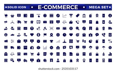 Conjunto de iconos sólidos de comercio electrónico. Compras en línea y Elementos de entrega. Conjunto de comercio electrónico de estilo en línea. para App móviles. Negocio, tienda, marketing digital, tarjeta bancaria, regalos, venta, entrega, dinero, descuento
