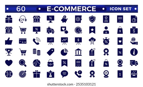 Conjunto de ícones sólidos de comércio eletrônico. Compras online e elementos de entrega.E-Commerce conjunto de estilo em linha. para aplicativos móveis. Negócios, loja, marketing digital, cartão bancário, presentes, venda, entrega, dinheiro, desconto
