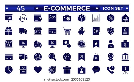 Conjunto de ícones sólidos de comércio eletrônico. Compras online e elementos de entrega.E-Commerce conjunto de estilo em linha. para aplicativos móveis. Negócios, loja, marketing digital, cartão bancário, presentes, venda, entrega, dinheiro, desconto
