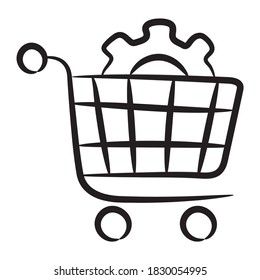 Vector de soluciones de comercio electrónico, icono de moda de engranajes con carro 