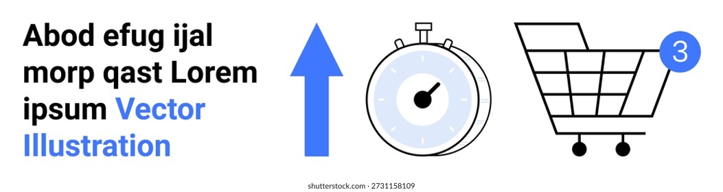 Ecommerce, speed optimization, business growth, online shopping, user experience, digital marketing. Stopwatch, upward arrow shopping cart with number. Ecommerce and speed optimization concepts