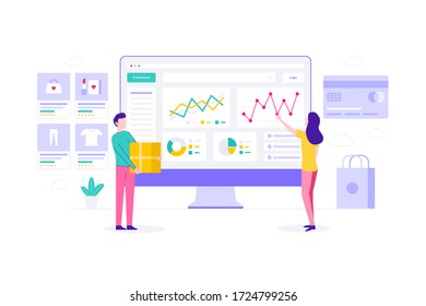 E-Commerce statistics Online Shopping Flat Vector Illustration, Suitable for Web Banners, Infographics, Book, Social Media, And Other Graphic Assets