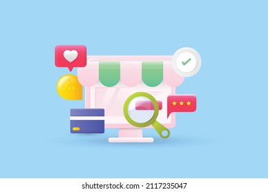 eCommerce store 3D design, eCommerce website marketing, Online shop concept - vector illustration with icons
