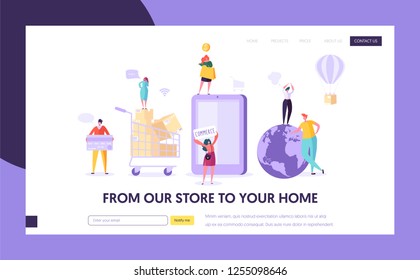 Ecommerce Store Global Shopping Landing Page. Woman Shop Online Using Smartphone. E-commerce Retail, Sale Concept. Online Order Delivery for Website or Web Page. Flat Cartoon Vector Illustration