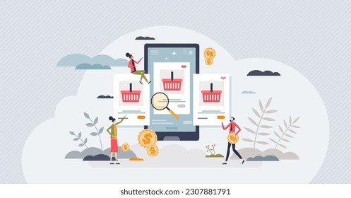 E-commerce store for online shopping and purchases tiny person concept. Distant internet shop with website or mobile application platform for customers vector illustration. Order products online.