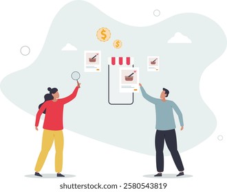 E-commerce store for online shopping and purchases.Distant internet shop with website or mobile application platform for customers .flat characters.
