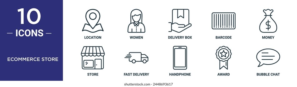 el conjunto de iconos de esquema de tienda de comercio electrónico incluye ubicación de línea fina, mujeres, caja de entrega, código de barras, dinero, tienda, iconos de entrega rápida para informe, presentación, diagrama, Diseño web
