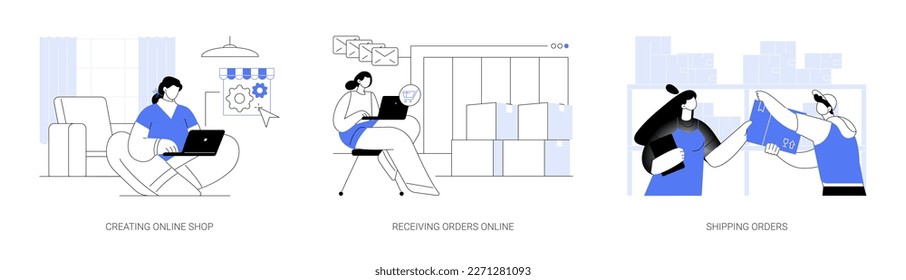 Ecommerce store owner abstract concept vector illustration set. Creating online shop, recieving orders online, shipping order to customer, courier service, e-commerce platform abstract metaphor.