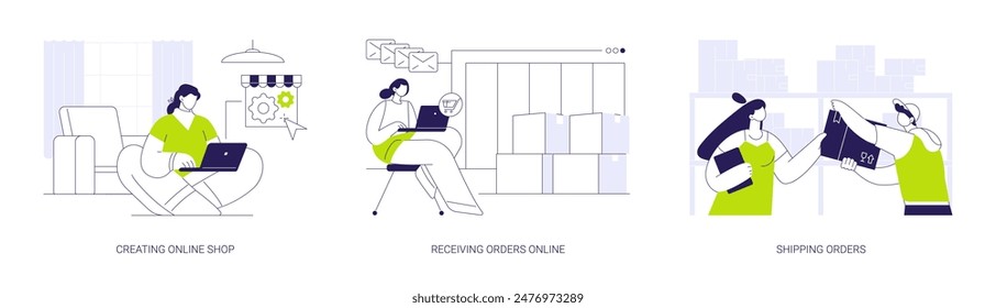 Ecommerce store owner abstract concept vector illustration set. Creating online shop, recieving orders online, shipping order to customer, courier service, e-commerce platform abstract metaphor.