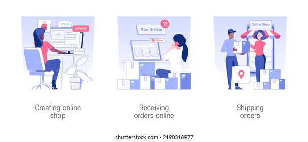 Ecommerce store owner isolated concept vector illustration set. Creating online shop, recieving orders online, shipping order to customer, courier service, e-commerce platform vector cartoon.