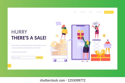 Ecommerce Store Sale Website Template. Woman Shop Online Using Smartphone. E-commerce, Consumerism, Retail Concept. Characters Shopping Mobile for Website or Web Page. Flat Cartoon Vector Illustration