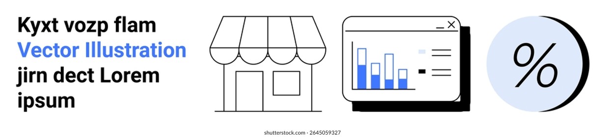 Vitrine eletrônica de comércio eletrônico, gráfico analítico e ícone de porcentagem destacando temas de crescimento dos negócios. Ideal para vendas, marketing, finanças, e-commerce, análise de dados, estratégia de negócios, apresentações