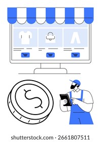 E-commerce storefront display showing products with shopping cart icons, large coin with dollar sign, delivery person using tablet. Ideal for online retail, payment solutions, logistics, e-commerce
