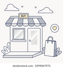 E-Commerce Storefront Icon
"A vector illustration of a small online store with a striped awning, a buy button, and a shopping bag to symbolize e-commerce."