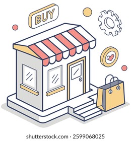 E-Commerce Storefront Icon
"A vector illustration of a small online store with a striped awning, a buy button, and a shopping bag to symbolize e-commerce."
