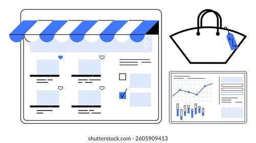 E-commerce storefront with product listings, striped awning, and search bar next to a shopping bag and data analytics chart. Ideal for retail, consumer behavior, market analysis, digital marketing