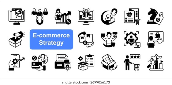 Conjunto de iconos de estrategia de comercio electrónico con marketing digital, adquisición de clientes, tasa de conversión, personalización, interfaz de usuario, experiencia del Cliente, análisis competitivo, Vector simple.