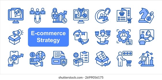 E-commerce strategy icon set with Digital marketing, Customer acquisition, Conversion rate, Personalization, User interface, Customer experience, Competitive analysis simple vector.