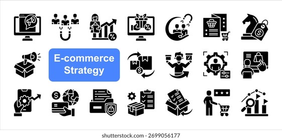 Conjunto de iconos de estrategia de comercio electrónico con marketing digital, adquisición de clientes, tasa de conversión, personalización, interfaz de usuario, experiencia del Cliente, análisis competitivo, Vector simple.