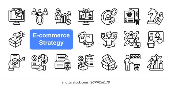 E-commerce strategy icon set with Digital marketing, Customer acquisition, Conversion rate, Personalization, User interface, Customer experience, Competitive analysis simple line vector.