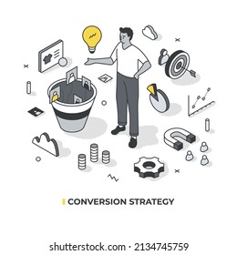 Ecommerce Strategy To Increase Sales. Improving Conversion Rate By Optimizing Product Page. Generating Leads And Use Multi-channel Selling. Isometric Vector Illustration With Isolated Objects