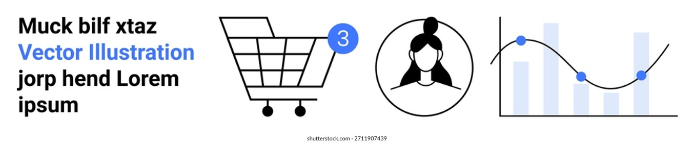 Estrategia de comercio electrónico, compras en línea, perfiles de usuario, análisis de Clientes, marketing digital y datos comerciales. Carrito de compras, avatar de persona y gráfico de datos. Comercio electrónico y análisis de Clientes