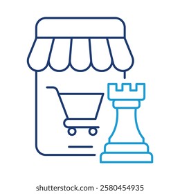 E-commerce Strategy – Shop Icon with Chess Piece Representing Strategic Planning for Online Store Success and Growth