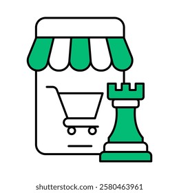 E-commerce Strategy – Storefront with Chess Piece Icon Representing Strategic Planning for Online Store Success