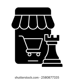 E-commerce Strategy – Storefront with Chess Piece Icon Representing Strategic Planning for Online Store Success