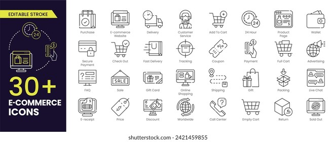 E-commerce Stroke icon set. Online shopping and delivery elements. E-business symbol. Editable Outline icons collection.