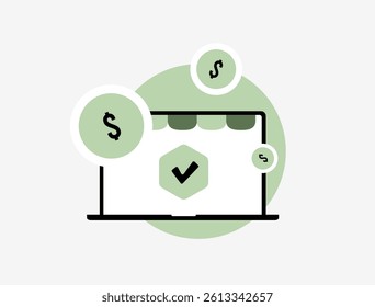 Ecommerce success concept with online store growth, digital payments, and business performance optimization. Ideal for e-commerce success strategy visuals. Vector illustration and icons