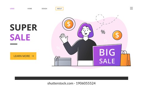 E-commerce and super Sale concept. Website, webpage, landing page template. Minimal style flat cartoon vector illustrartion
