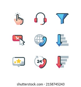 Conjunto de iconos de soporte de eCommerce con el centro de llamadas e iconos de los vectores de navegación