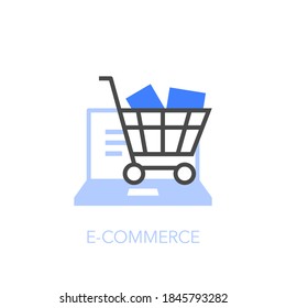 E-commerce symbol with a computer and a shopping cart. Easy to use for your website or presentation.