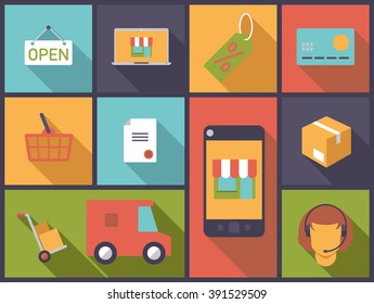 Ecommerce symbols. Flat design vector illustration with ecommerce and online shopping symbols