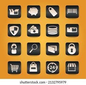 E-commerce symbols on black buttons on yellow background