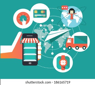 e-commerce symbols, shopping on mobile. flat design element. Vector illustration