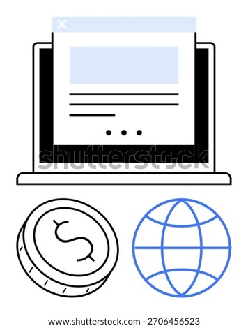 E-commerce systems, global payments, online shopping, digital economy, international trade, financial technology. Laptop screen with icons a globe and currency coin. E-commerce and global payments