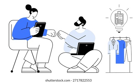 Comercio electrónico, trabajo en equipo, innovación, dispositivos digitales, lluvia de ideas, negocios minoristas. Dos personas interactuando con dispositivos e ideas. Comercio electrónico y concepto de trabajo en equipo a través de la interacción y las ideas