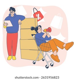 E-commerce teamwork with shopping cart and packages – flat style vector illustration