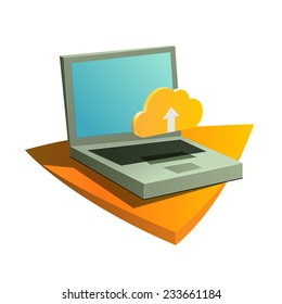 Ecommerce Teaser Laptop And Cloud Service Upload Icon On White Background