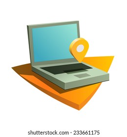 Ecommerce Teaser Laptop And Geo Location Icon On White Background