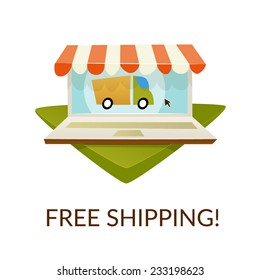 Ecommerce Teaser Laptop And Shipping On White Background