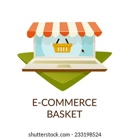 Ecommerce Teaser Laptop And Shopping Basket On White Background