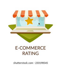 Ecommerce Teaser Laptop And User Rating On White Background