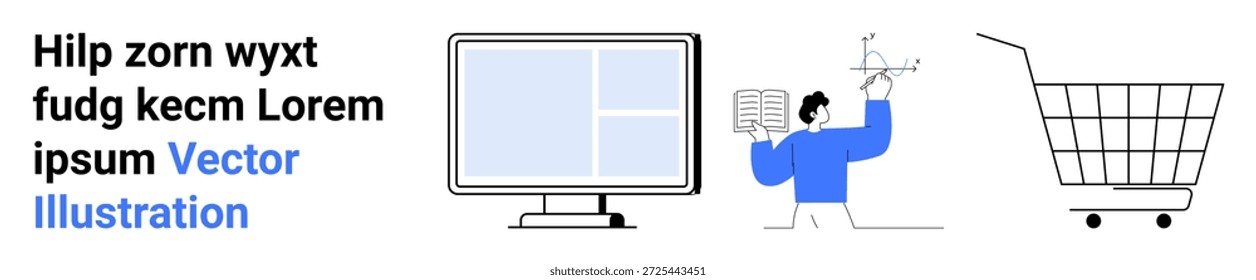 Comércio eletrônico, design de tecnologia, educação, compras on-line, pesquisa científica, inovação. Um monitor de computador, uma figura segurando um livro e ferramentas de design e um carrinho de compras. Comércio eletrônico e design tecnológico
